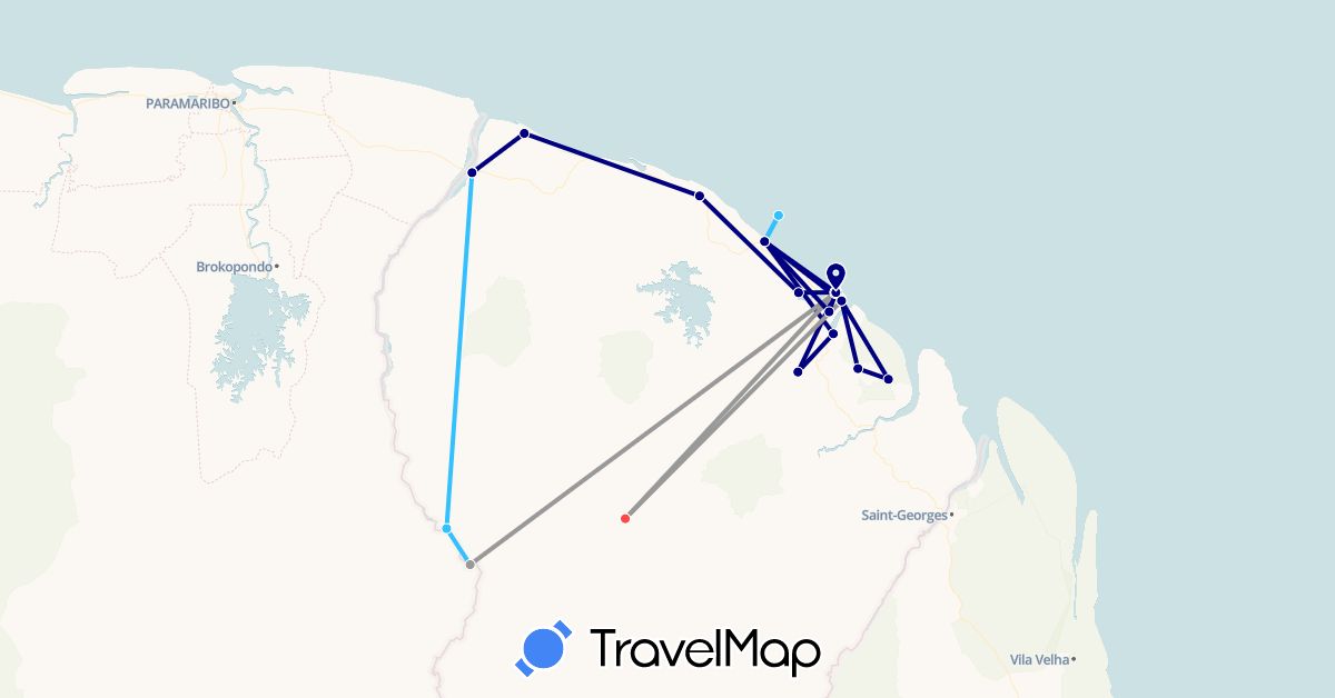 TravelMap itinerary: driving, plane, hiking, boat in French Guiana (South America)